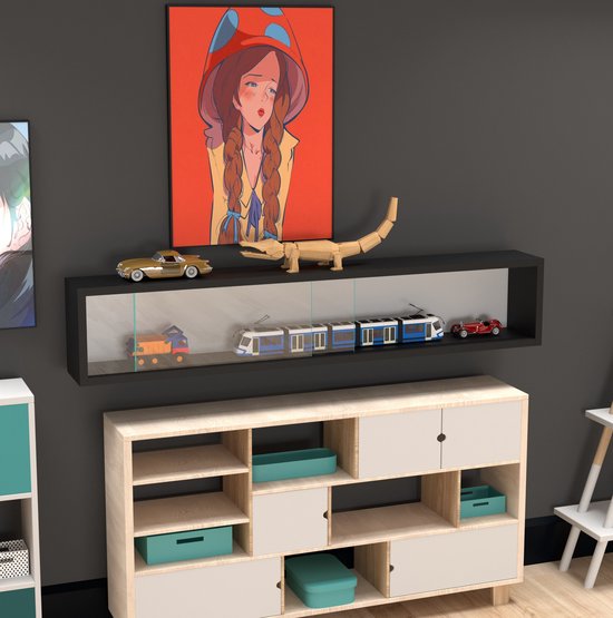 VVD - Vitrinekastje staande hangende wandvitrine - schuifdeuren - 95 x 18 x 12 cm - Zwart