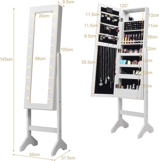 Coast 18 Led sieradenkast Hulbare sieraden Splank Mirror Cabinet voor make -up wit