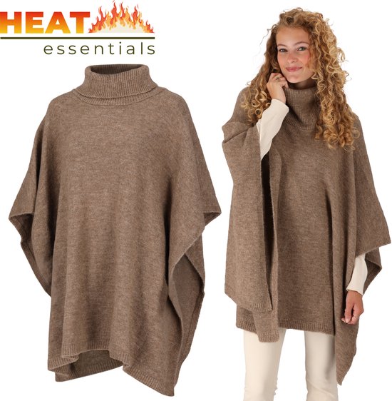 Heat Essentials - Poncho - One Size - Poncho Dames Omslagdoek - Gebreide Dames Poncho met Col - Taupe Melange