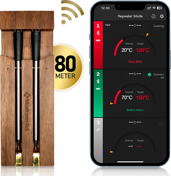 MostEssential Smart Vleesthermometer - 80M Bereik - 36 Uur - Bluetooth 5.2 - 2000mAh - Double Probe Dark Brown Edition
