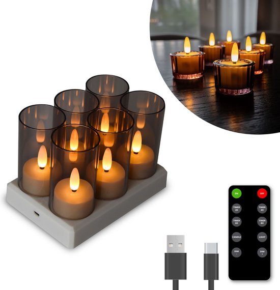 FlinQ Oplaadbare LED Waxinelichtjes – Bewegende Vlam – Incl. Afstandsbediening – Set van 6 – Ø4 x 5,5 cm – Wit