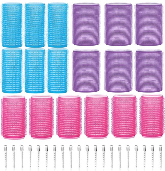 Krulspelden Set Zonder Hitte – 18 Rollers + 20 Klemmen – Heatless Curls – 3 Maten – Blauw/Roze