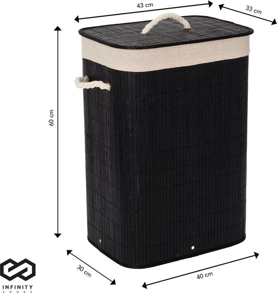 Infinity Goods Wasmand met Deksel Zwart - Bamboe - Wassorteerder - Wasbare katoenen waszak - Handvatten - 72 Liter - Zwart