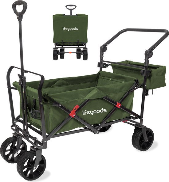LifeGoods Bolderkar - Draaibare Wielen - Remsysteem - Tot 120Kg - 120 x 61 x 80cm - Groen