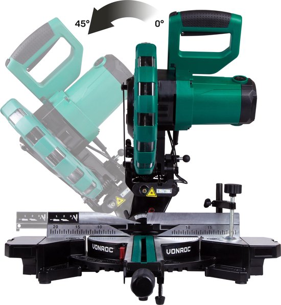 VONROC MS502AC Afkortzaag – 2200W – 4500 r/min - Verstelbare tafelverbreders – Groen - 82x48x41 cm