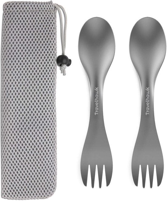 Travelhawk Titanium Spork Set - 2 Stuks - Lichtgewicht Campingbestek met Vork en Lepel in Één - Inclusief Draagzak**