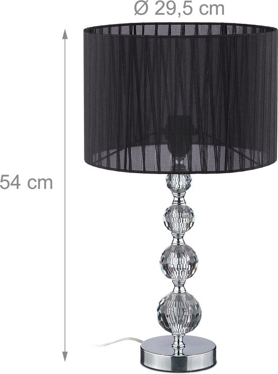 Tafellamp Zwart/Zilver – E27 Nachtkastlamp met Kristallen Voet – 54 x 29,5 cm