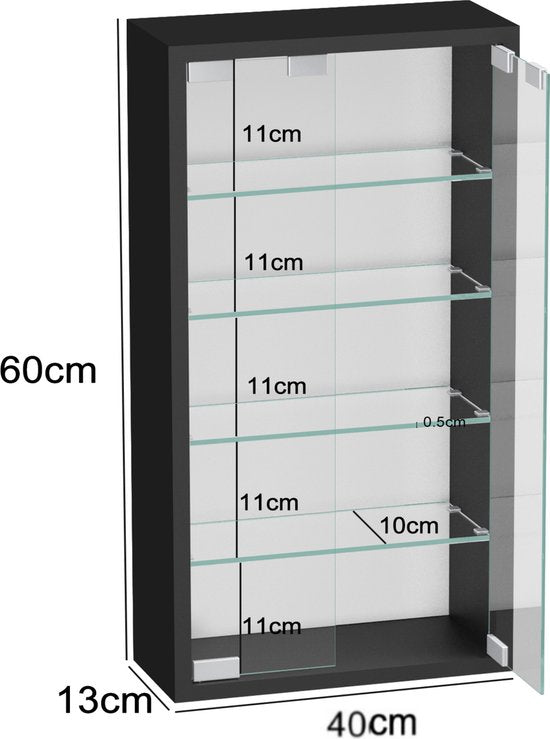 VVD - Vitrinekastje wandvitrine - 40 x 60 x 12 cm - Zwart
