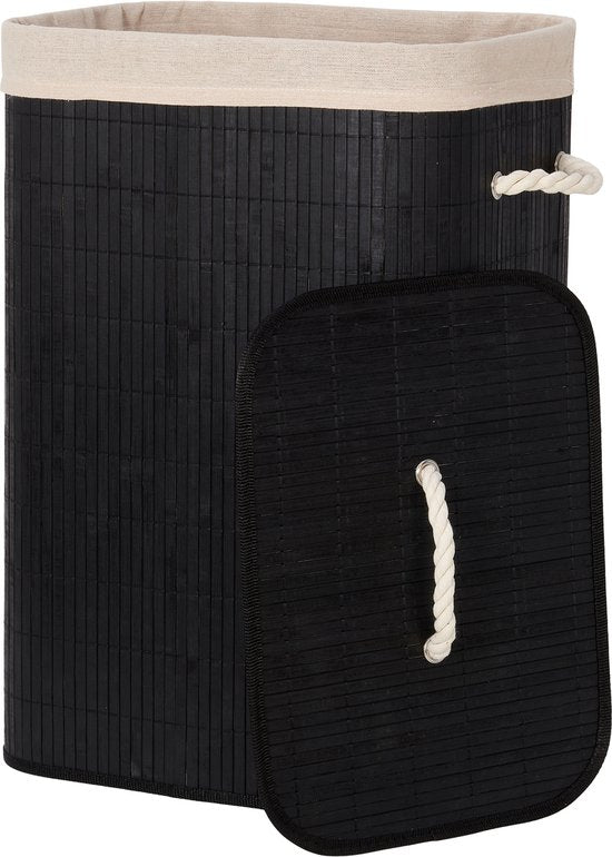 Infinity Goods Wasmand met Deksel Zwart - Bamboe - Wassorteerder - Wasbare katoenen waszak - Handvatten - 72 Liter - Zwart