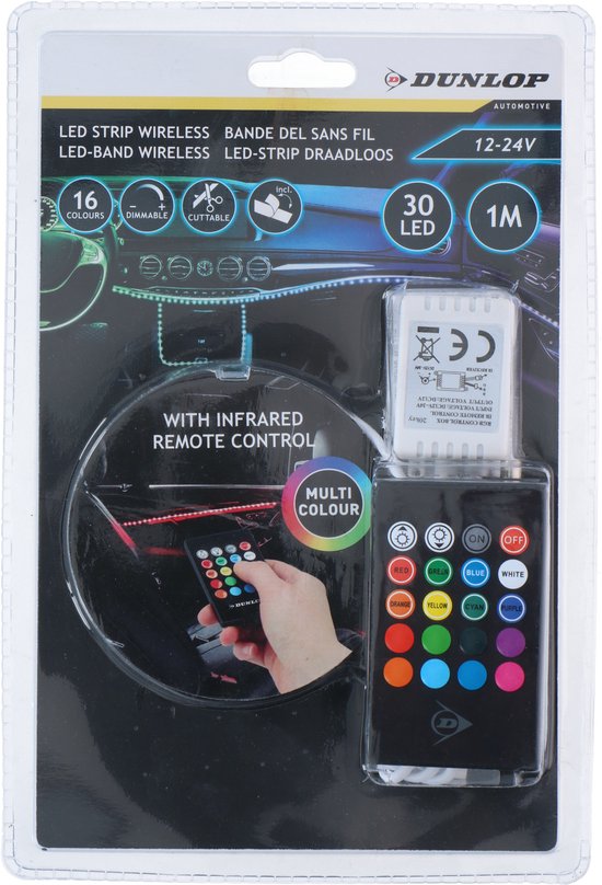 Dunlop LED-Strip – 1 Meter – 30 LED’s – 16 Kleuren – Dimbaar – Met Afstandsbediening – 12V/24V