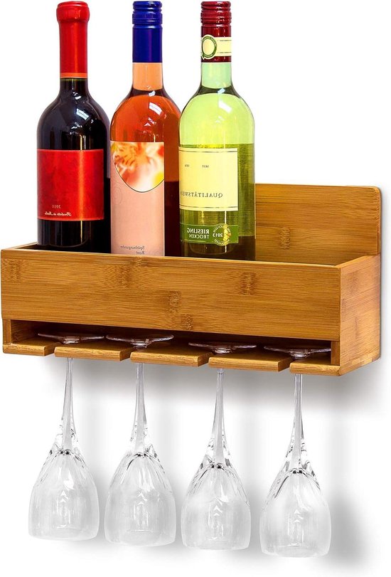 SoBuy - Wandgemonteerd wijnrek met glazenhouder - 17x37x115 cm