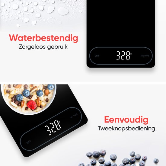 Kitchenwell Digitale Precisie Keukenweegschaal – Weegschaal Keuken - 1gr - 12kg – Tarra Functie - Batterij - Zwart