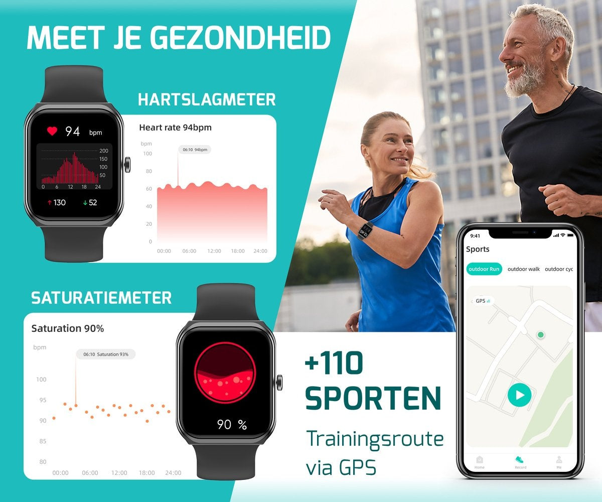 FITAGE Smartwatch - Smartwatches - Stappenteller - Sporthorloge - Smart watch - Activity Tracker - Dames en Heren - Zwart