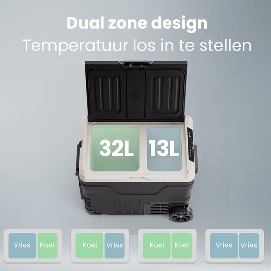 Auronic Elektrische Koelbox - Compressor - 2 Zones - 45L - 12/24V en 240V - Koelen en Vriezen - Camping Koelkast - Frigobox Auto - Met Wielen en Hendel - Zwart