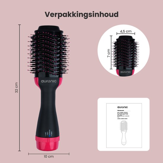 Auronic 3-in-1 Föhnborstel voor Extra Volume, Stijlen en Krullen - Airstyler - Krulborstel - Keramische Magic Brush - 1000W - Ø 45 mm - Zwart/Roze