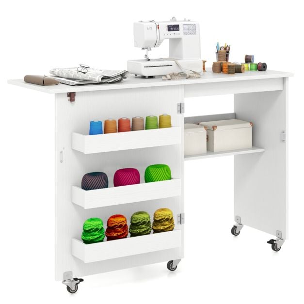 Coast Naaitafel Wit – Opvouwbare Hobbytafel op Wielen met Opbergruimte en 3 Verborgen Bakken – 118,5 x 40 x 79,5 cm