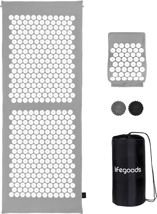 LifeGoods Acupressuur Mat XL - met Kussen - Shakti mat - Spijkermat Incl. 2x Triggerpoint Bal - 128x48x2cm - Grijs/Wit