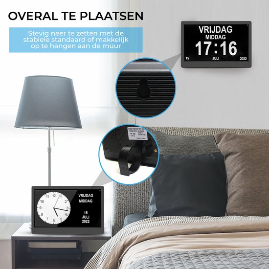 TTD® Dementieklok XXL 10 Inch met Extra Lange Kabel – Kalenderklok met Dag, Datum & Weer – Analoge & Digitale Weergaves – 20 Wekkers en 3 Medicijnalarmen - Wi-Fi – Voor Ouderen, Slechtzienden, Senioren en Alzheimer – Automatische Tijdsynchronisatie