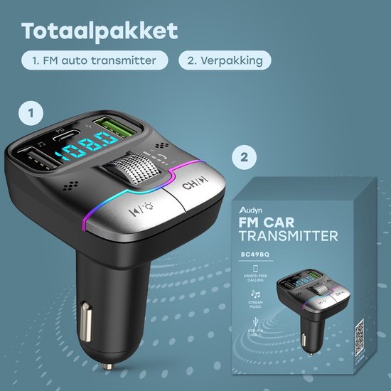Audyn Bluetooth FM Transmitter - USB-A & USB-C - Bluetooth-ontvanger - Snellader - Autolader - Carkit - Auto Accessoires - RGB