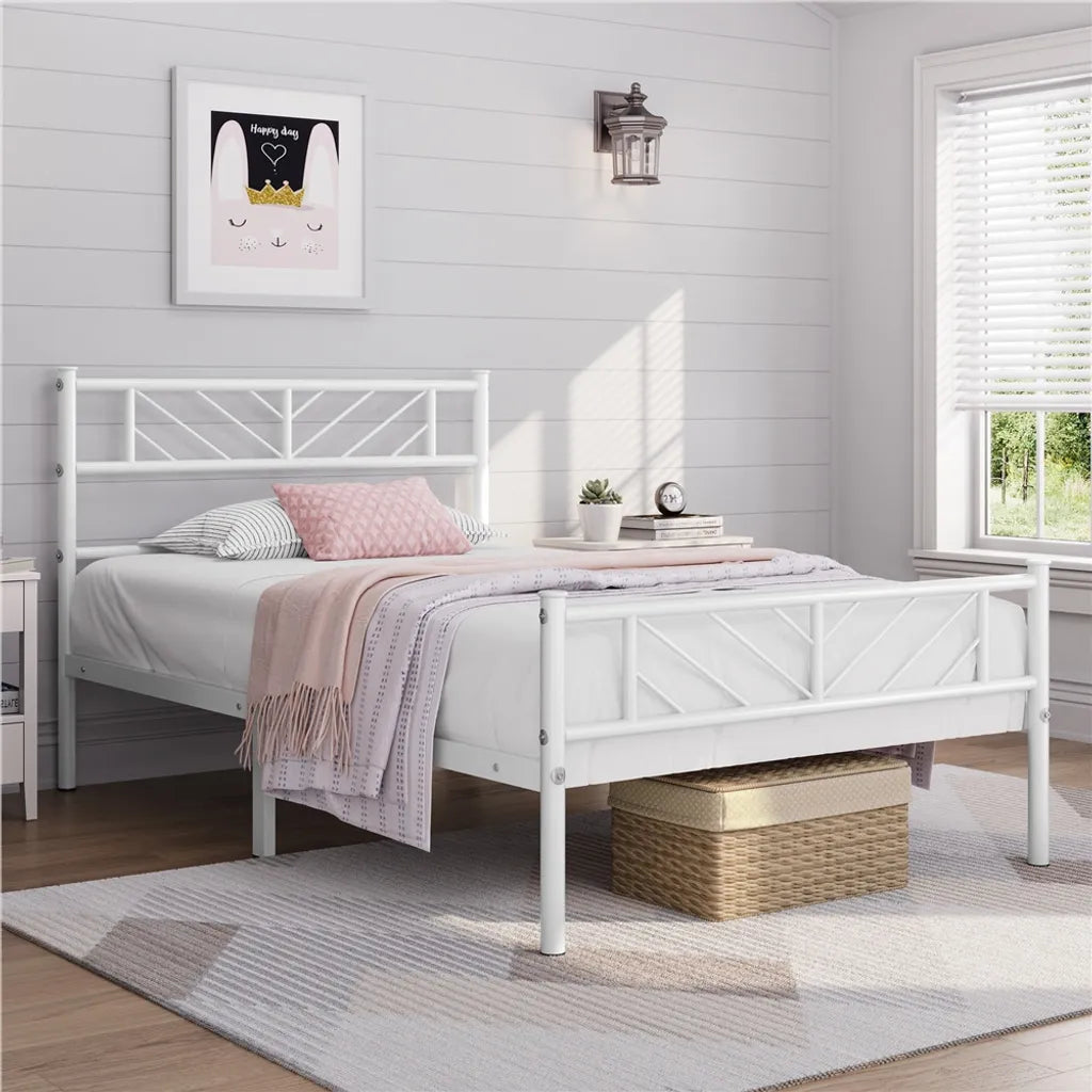 Yaheetech Metalen Bedframe 90x190 cm met Hoofdeinde, Wit