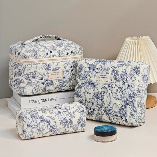 SC Travel Essentials - 3-delige Make-up Tas Set - Eco-vriendelijk Katoen - Gewatteerde Gebloemde Organizers - Ruim, Duurzaam en Ideaal voor Reizen