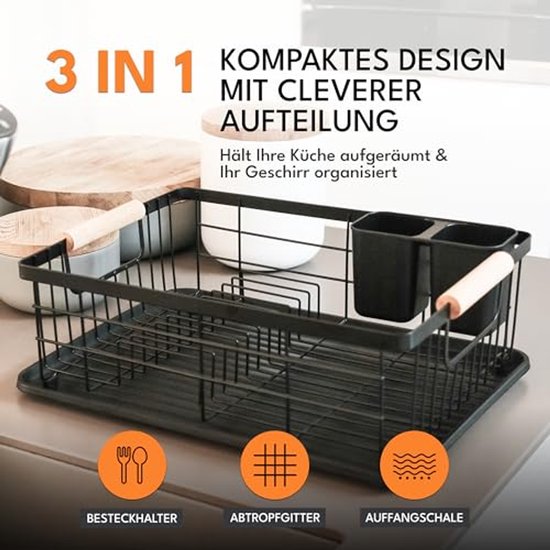 JOHSEATY afdruiprek met houten handvat - 42 x 32 cm, roestvrij met bestekhouder, afdruiprek, afdruiprek, keukenafdruiprek, afdruiprek