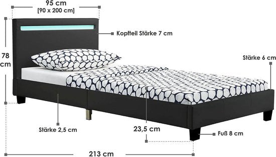 Gestoffeerd Bed Verona - 90 x 200 cm - Zwart - LED Verlichting