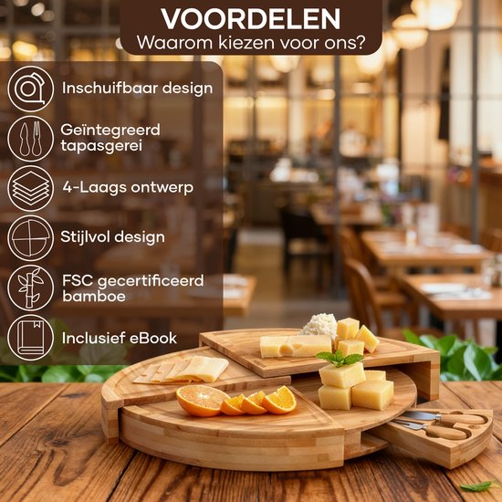 Villux Tapasplank - Borrelplank - Serveerplank - Kaasplank - Hapjesplank - Inclusief Kaasmesjes - Taspasplank Bamboe - Borrelplank Rond - Inclusief Ebook - ø 38 cm
