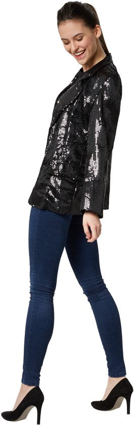 Dressforfun Paillettenjas dames zwart L - verkleedkleding kostuum halloween verkleden feestkleding carnavalskleding carnaval feestkledij partykleding - 303858