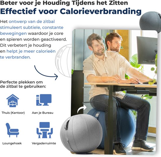 Backerz Zitbal 75 CM - Zitballen met Hoes Linnen - Ergonomische Bureaustoel Kantoor en Thuis - Luxe Yoga Bal - Licht Grijs