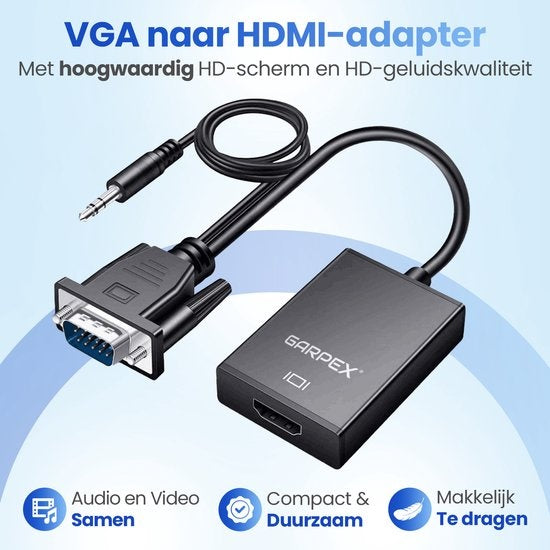 Garpex® VGA naar HDMI Adapter Converter - Universeel met 3.5mm Jack AUX & USB Voeding Kabel - Analoog naar Digitaal Video Omvormer - Male to Female - 1080p Full HD - Inclusief USB voedingskabel