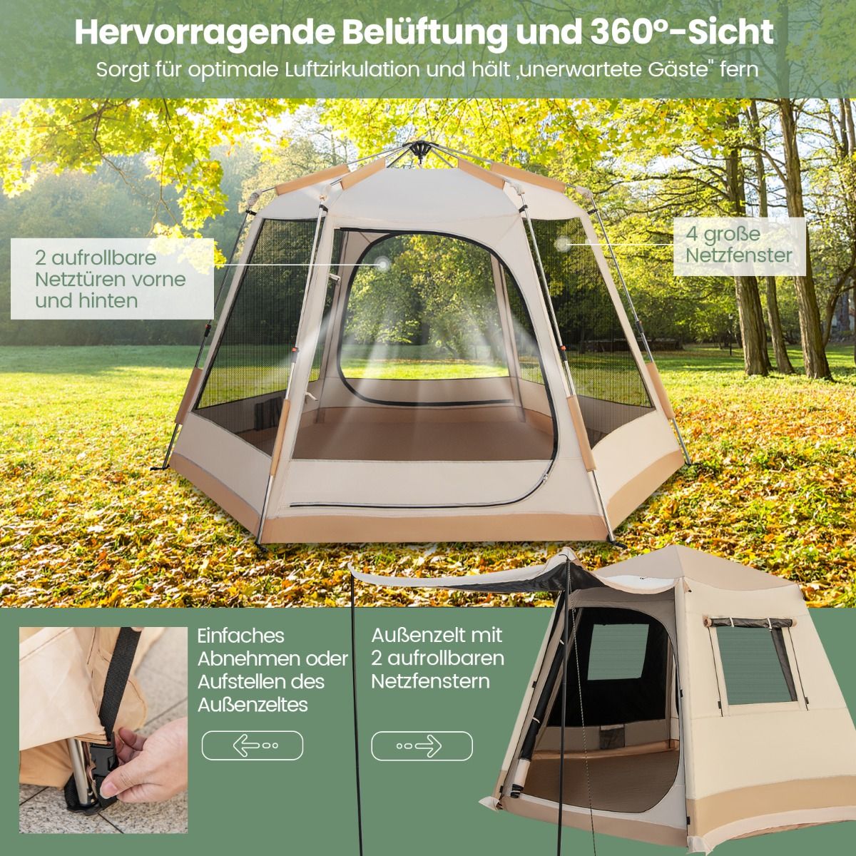 Coast Pop-up Campingtent - Automatisch opzetbaar - Dubbellaags kabinentent - Beige 330 x 270 x 200 cm