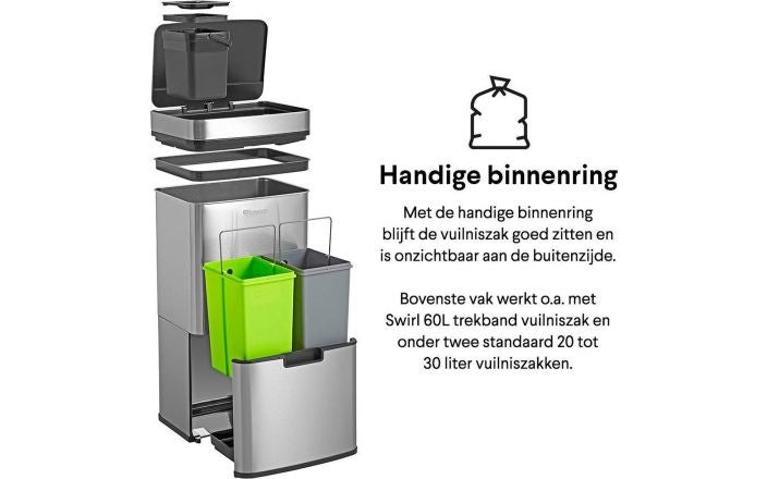 Homra Nexo Sensor Prullenbak – 72L Afvalscheiding (2x12L + 48L) – RVS – Automatisch Openend  – 31.5 x 42 x 82.5 cm -grijs