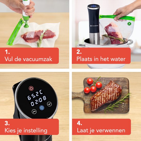KitchenBrothers Sous Vide Stick – Incl. Accessoires – 1200 W – 11 x 7,5 x 34,7 cm – Zwart/RVS