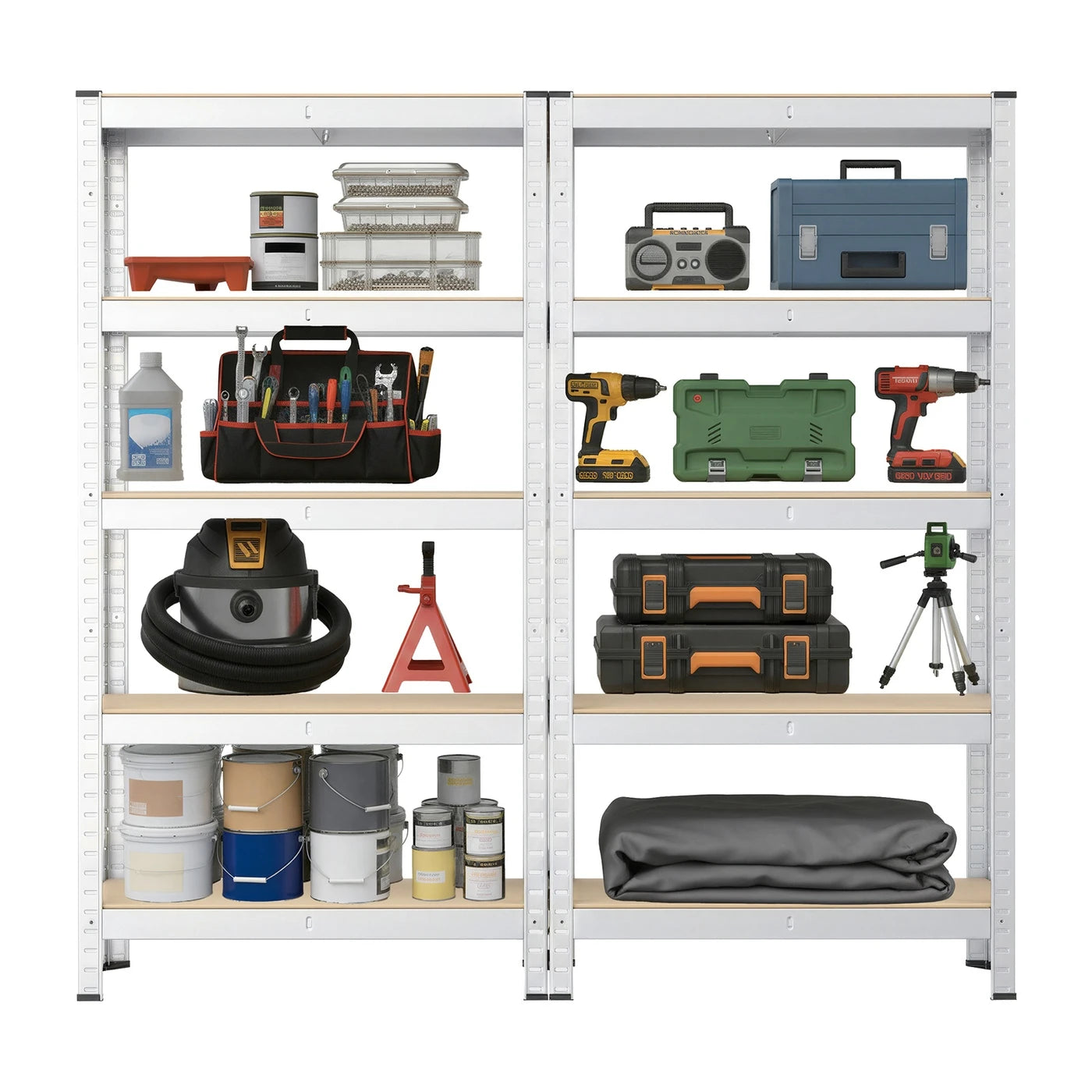 Joyfurnos Opbergrek Set van 2 - Zilver - 5 Legborden per Rek - 650 kg per Rek - Boutloze Montage - 75 x 30 x 150 cm