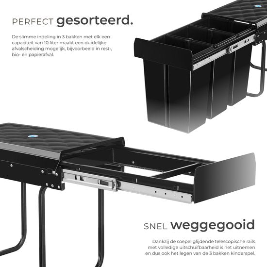 tectake® Afvalverzamelaar - Inbouw vuilnisbak - Meervoudige afvalscheiding - Efficiënte opruimoplossing voor keuken en kantoor - Driedubbele prullenbak met telescooprails - 3x 10L