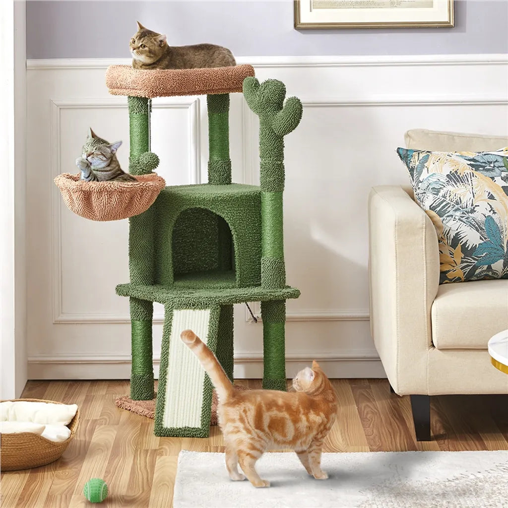 Yaheetech Kaktus Krabpaal XS 42,5 x 42,5 x 106,5 cm - Groen/Bruin - Kattenboom met Kattenhuis, Hangmand en Sisalpalen