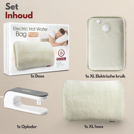 Coozie Elektrische Kruik XL – 1,65L – met ThermoSoft Hoes van Pluche – Verwarmende Zachte Warmwaterkruik – Warmtekruik – Beige