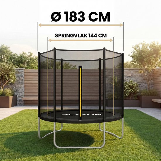 Playon Trampoline - Trampoline met Veiligheidsnet - Kinder trampoline - Ø183 cm – Inclusief randbescherming – Water en UV bestendig - Zwart