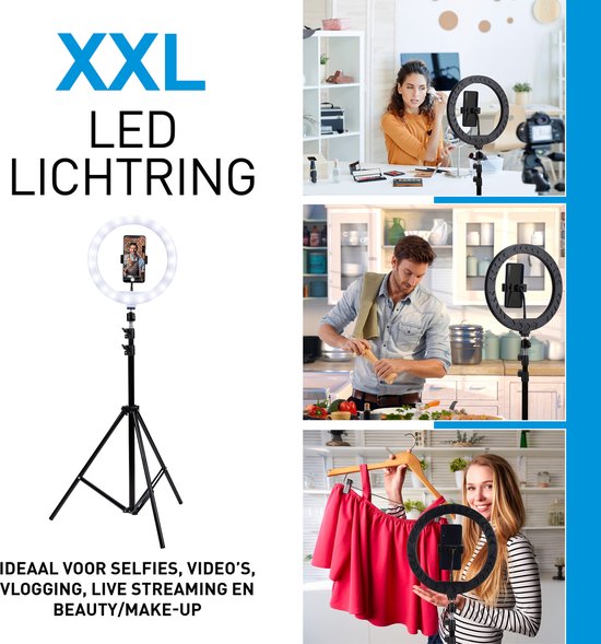 Grundig Ringlamp met Statief - Verstelbare Ringlamp tot 195 cm - Tiktok Lamp met Telefoonhouder - Selfie Ring Light - Ringlamp met 3 Lichtstanden - Make-up Lamp