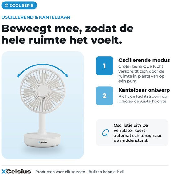 XCelsius® Tafelventilator Draadloos - Ventilator voor Bureau, Tafel en Werkplek - Oplaadbaar met USB-C - 4 Snelheden - Oscillerende Modus - Kantelbaar - Tijdens opladen gebruiken - Wit