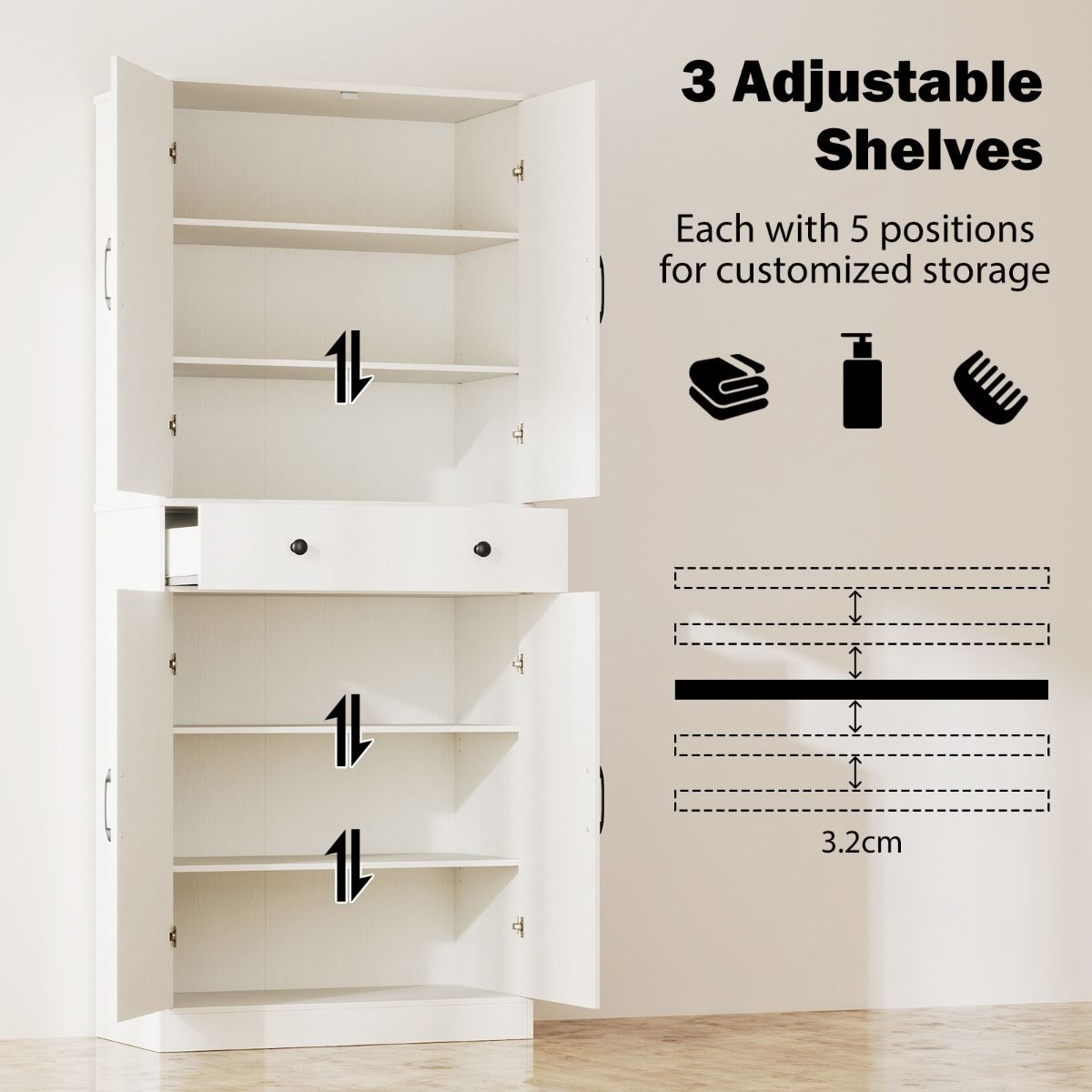 Coast Keukenkast 77x39x183 cm Wit – Moderne Boerderijstijl Kast met 4 Schuurdeuren, 3 Verstelbare Planken, Lade en Anti-Kantelsets