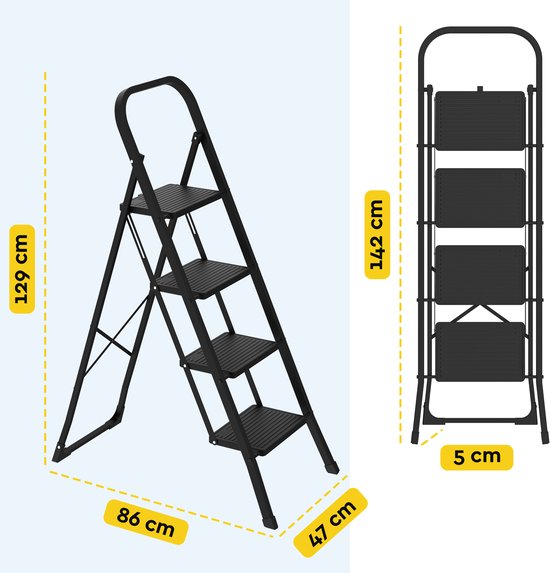 BRASQ Huishoudtrap 4-treden Zwart - keukentrap inklapbaar metaal voor Particulier en professioneel gebruik - Trap Ladder - Anti slip