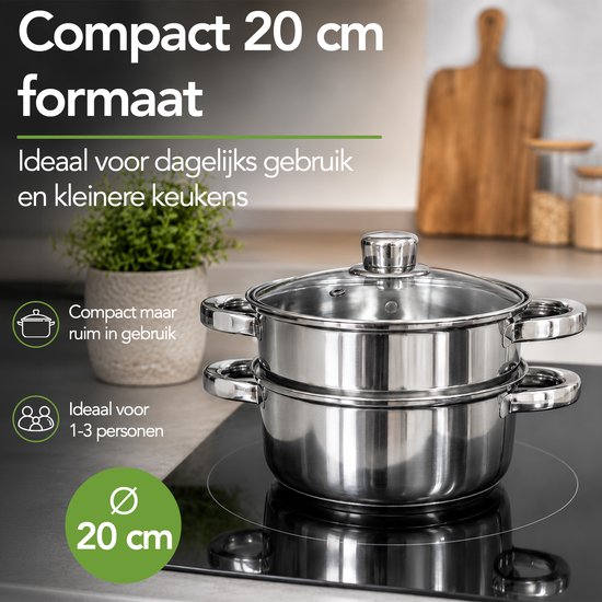 Aviro Stoompan - Glazen Deksel - 3,1L - 20 CM - Inductie En Gas - 3-Delige Rijst- En Groentestomer - RVS