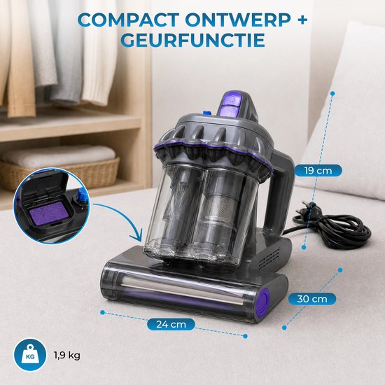 Powell Matras reiniger - Tapijtreiniger - Huisstofmijt stofzuiger - UV Bedstofzuiger - 350W - 20.6L Reservoir - Grijs