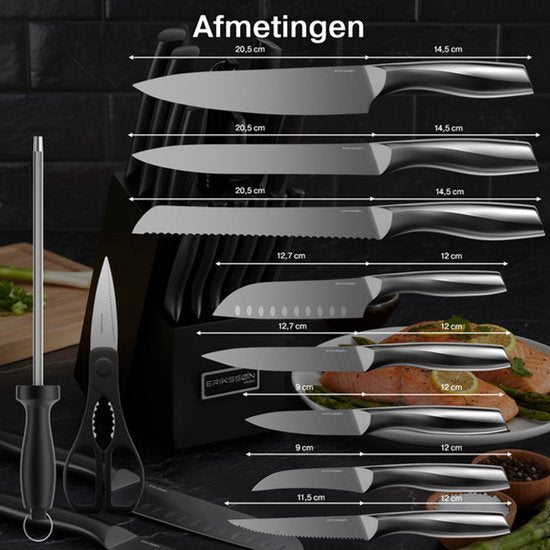 Erikssøn Kitchen 16 Delige Messenset Met Messenblok - BPA & PFAS Vrij - Met Blok, Messenslijper En Schaar - Keukenmessen - Koksmes - Vleesmes - Krasbestendig - 3Cr13 RVS - Zwart