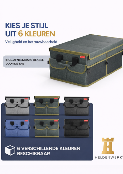 HELDENWERK Premium kofferbak organizer met deksel, stevig & antislip - Opvouwbare kofferbaktas, groot met dubbele bodem - Kofferbakbox, kofferbak organizer box
