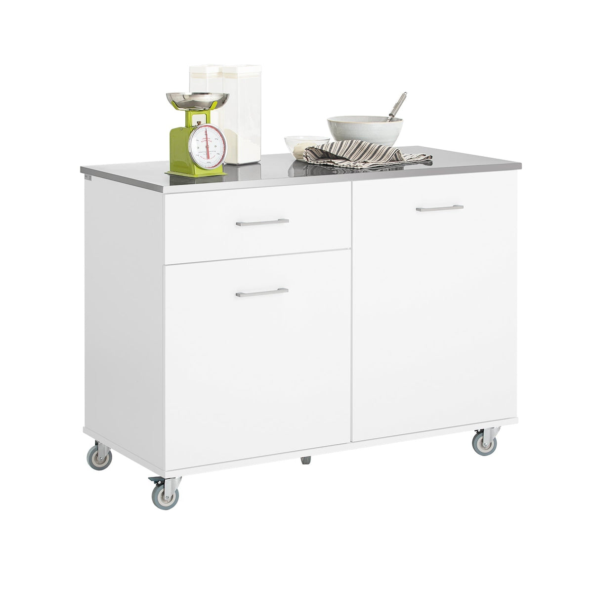 SoBuy Keukenkast op wielen - 2 Kasten en 1 Lade - 120 x 56 x 90 cm - RVS Blad - Wit