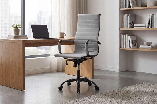 Feel Furniture - Luxe Bureaustoel - Hoge Rugleuning - Lichtgrijs met Mat Zwart Frame