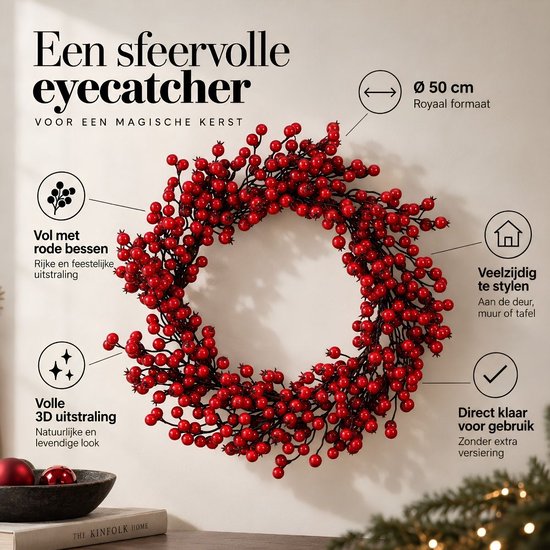 Mica Decorations Kerstversiering met Rode Besjes - Kerstkrans voor de Kerstsfeer in Huis - Ø50 cm van Foam Materiaal - Deurkrans voor Binnenshuis in de Kerstperiode - Rood
